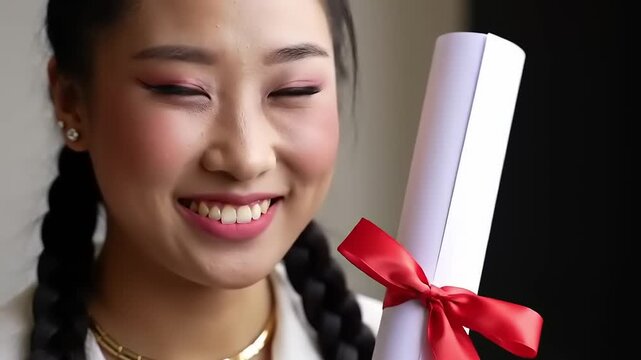 Smiling Asian woman holds diploma.