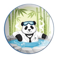 A cartoon panda with goggles relaxes in a hot spring surrounded by bamboo, steam, and bubbles. It's a serene spa scene