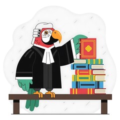 A cartoon parrot, dressed as a judge in a wig and robes, places a book atop a stack. Background shows light streaks