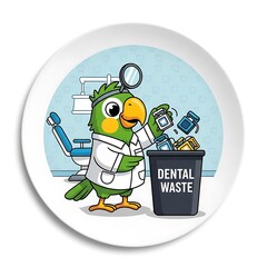 A cartoon parrot, dressed as a dentist, throws floss containers into a dental waste bin, inside a dental clinic
