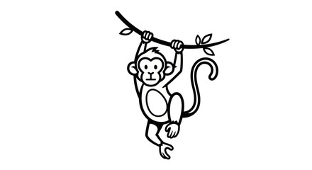 Monkey Hanging from Vine - Playful Primate in Black and White. © Yoamn