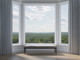 Fototapeta premium A bright, modern interior features large windows with a scenic view of lush greenery and a cloudy sky, creating a serene atmosphere.
