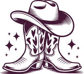 Cowboy boots with hat, vector illustration. Country style design, cowgirl, western, southern