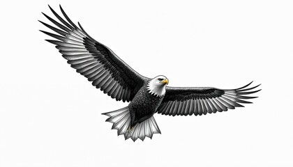 Fototapeta premium Bold illustration shows a bald eagle in flight. Detailed drawing features a bird with widespread wings. The artwork displays flight and freedom on white background.