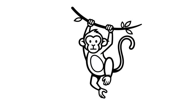 Monkey Hanging from Vine - Playful Primate in Black and White.