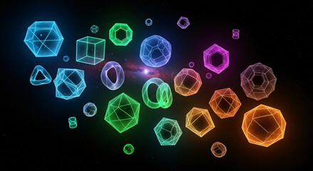 Abstract Geometric Shapes Floating in Space with Colorful Neon Glow and Nebula Background
