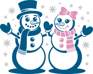 Vector cute snowmen illustration. Christmas traditional characters. Girl & boy snowman. Winter holidays greeting card, poster, banner