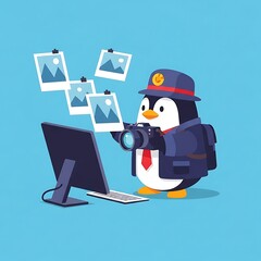 A cartoon penguin, dressed as a detective, takes photos with a camera near a computer and prints
