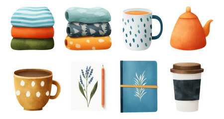 Colorful Watercolor Collection of Cozy Objects on Transparent Background