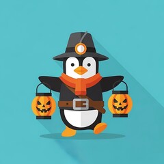 A cartoon penguin, dressed for Halloween, carries carved jack-o'-lanterns. It wears a hat, scarf, and a strap holding a flashlight