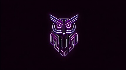 Futuristic owl logo with glowing purple and silver neon lines. Concept: AI intelligence, knowledge,  technology, data tech companies, AI startups, digital innovation, and futuristic branding.