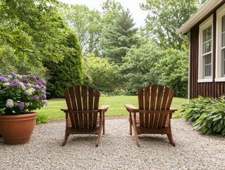 Obraz premium A serene outdoor scene featuring two wooden chairs facing a lush garden, surrounded by greenery and colorful flowers, inviting relaxation.