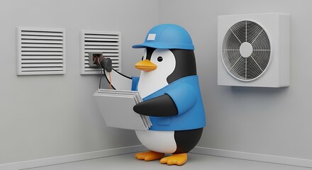 A cartoon penguin, dressed as a technician, plugs a wire into a wall socket, with an AC unit and vents in view