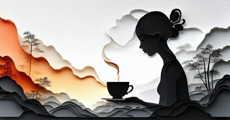Naklejka na ściany i meble Papercut illustration depicts woman with beverage. Scenic landscape background features layered mountains, trees, sunset hues. Peaceful, serene moment.