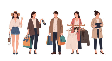 Fototapeta premium Fashionable diverse group enjoys shopping spree, carrying bags and selecting stylish outfits, capturing modern consumerism and retail joy