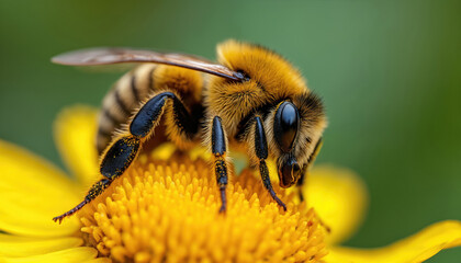 Extreme macro shot of fuzzy bumblebee gathering pollen on bright yellow flower. Insect legs loaded with golden pollen dust. Detailed view of bee body, flower petals in natural setting, pollination