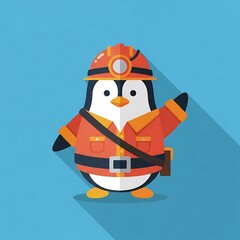 A cartoon penguin with mining helmet and vest, a lamp, and a shoulder bag, rendered in a flat design style, casting a long shadow