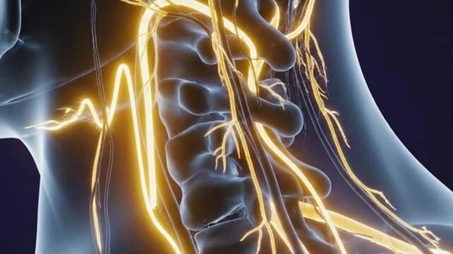 Lumbar spine with nerves and spinal cord highlighted in yellow against a dark blue background view