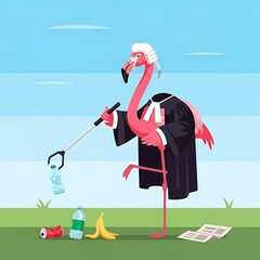 A cartoon pink bird, adorned in a judicial robe and wig, picks up trash with a grabber while standing on one leg