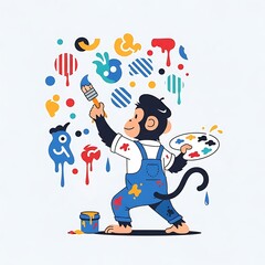A cartoon primate artist paints colorful shapes with a brush and palette. It's wearing blue overalls