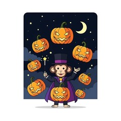 A cartoon primate magician surrounded by levitating jack-o'-lanterns against a dark, starry night sky