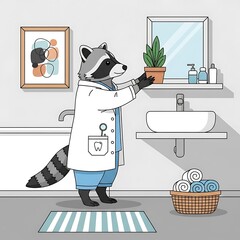 A cartoon raccoon dentist in a bathroom, arranging a potted plant near a sink and mirror