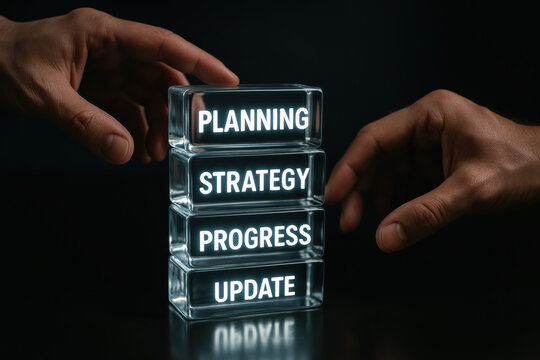 Planning and strategy inspire progress and update with glowing reflections on glass blocks arranged by hands