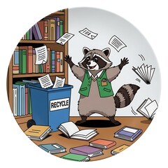 A cartoon raccoon stands joyfully among scattered papers and books near a recycling bin in a library