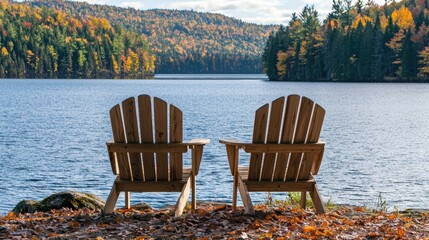 Two wooden chairs face a serene lake surrounded by vibrant fall foliage, creating a peaceful and inviting atmosphere for relaxation.