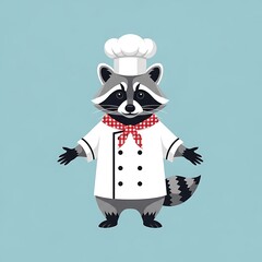 A cartoon raccoon, wearing a chef's hat and uniform, stands with open arms against a light blue background