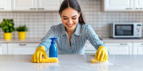 A smiling woman in yellow gloves cleans a kitchen countertop with a sponge and spray bottle, showcasing a bright and tidy home environment.