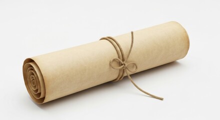 Fototapeta premium Rolled parchment scroll tied with twine, ends curling, isolated