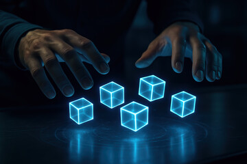 Technology and innovation create interactive interfaces with glowing cubes that hover and rotate