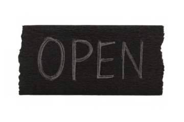 Open word handwritten in white chalk on a torn black paper sign, transparent background for business concept