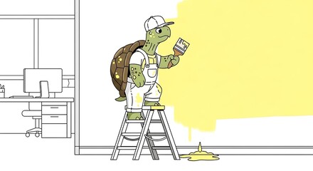 A cartoon tortoise dressed as a painter applies yellow paint to a wall. He stands on a ladder in an office setting