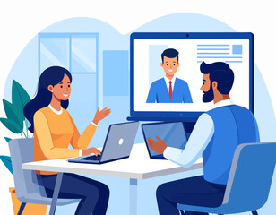 Flat vector of hybrid business meeting. Diverse team collaborates in-person with remote participant via video call, depicting modern virtual communication and teamwork