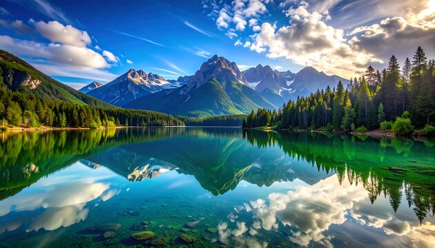 Breathtaking landscape showcasing a serene lake reflecting snow-capped mountains, vibrant green trees, and a partly cloudy blue sky