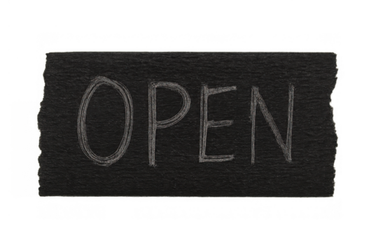 Open word handwritten in white chalk on a torn black paper sign, transparent background for business concept
