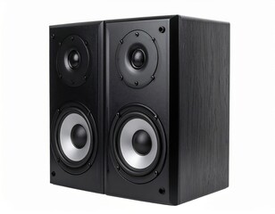 Pair of sleek black wooden speakers with silver accents, perfect for enhancing audio experiences in home or studio settings.