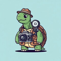 A cartoon tortoise with a hat and camera gear, ready to take photos, sporting a tan vest, and brown shell