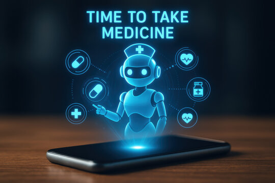 Time medicine reminder technology helps remind users to take medication with futuristic nurse robot assist and alert devices - Powered by Adobe