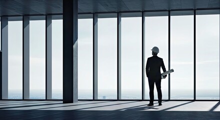 Fototapeta premium Architect Silhouette by Large Window Overlooking City Skyline