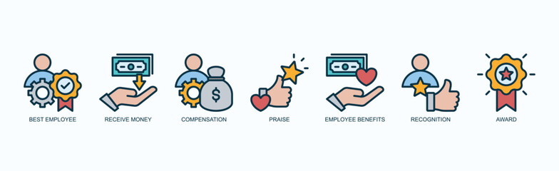 Employee Rewards Icon Set Isolated Vector With Icon Of Best Employee, Receive Money, Compensation, Praise, Employee Benefits, Recognition, Award In Outline Color Style