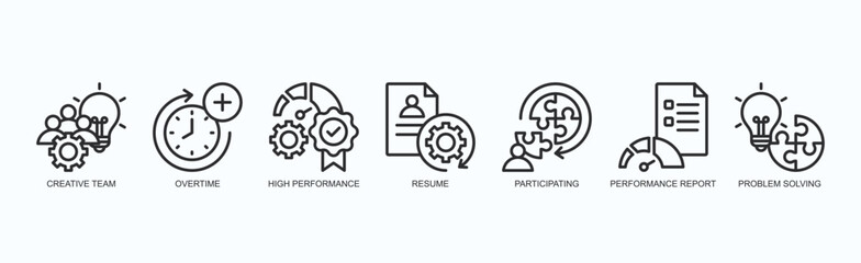 Team Performance Icon Set Isolated Vector With Icon Of Creative Team, Overtime, High Performance, Resume, Participating, Performance Report, Problem Solving In Outline Style