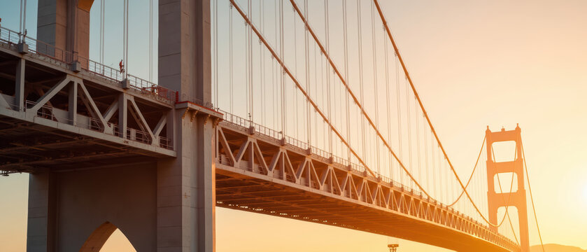 Stunning sunset illuminates large suspension bridge, showcasing its intricate design and structure. warm hues of sky create serene atmosphere