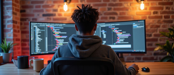 Focused individual works on coding projects at dual monitor setup, surrounded by cozy workspace with plants and warm lighting