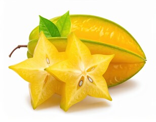 Fototapeta premium Close-up of a ripe yellow starfruit with green leaves, showcasing its unique star shape and vibrant color on a white background.