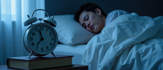 Peaceful scene of person sleeping soundly in cozy bed, with vintage alarm clock beside them, creating serene atmosphere