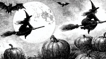 Vintage Witches And Bats Flying