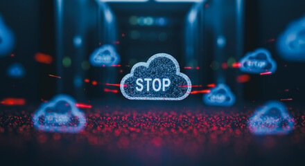 An illuminated cloud, prominently emblazoned with the word STOP, is set against the backdrop of a futuristic server room.